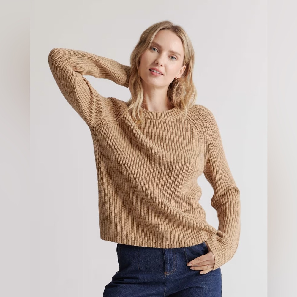 Quince 100% Organic Cotton Fisherman Crew Sweater in Camel
